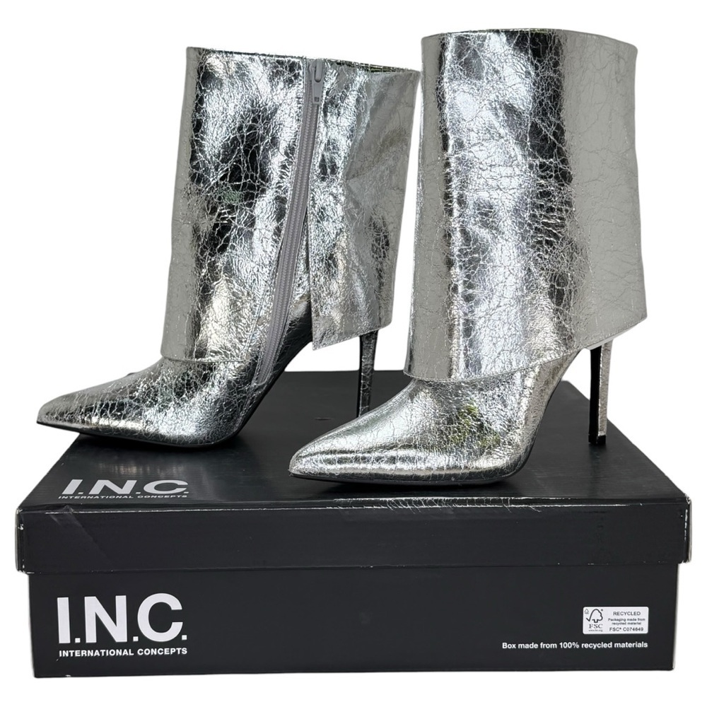INC Sabeel Silver Patent Leather Cuff Heeled Womens Boots Size 8.5M - Picture 2 of 14
